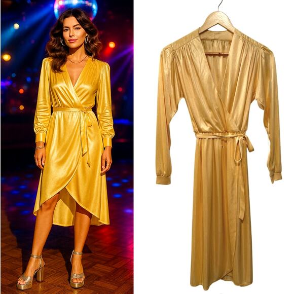 Vintage 70s Gold Disco Wrap Dress S Long Sleeve Midi Elastic Waist Shiny Yellow - Picture 1 of 9